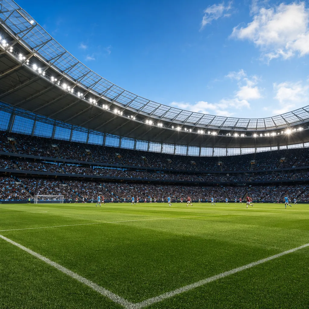 Wide shot of a modern football stadium during a match, green grass pitch, blurre