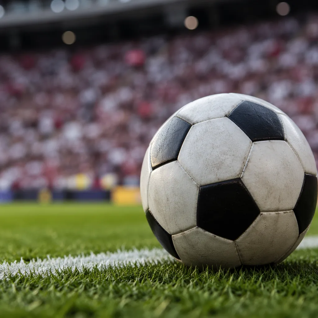 Close-up shot of a classic football resting on the edge of a World Cup pitch, wi