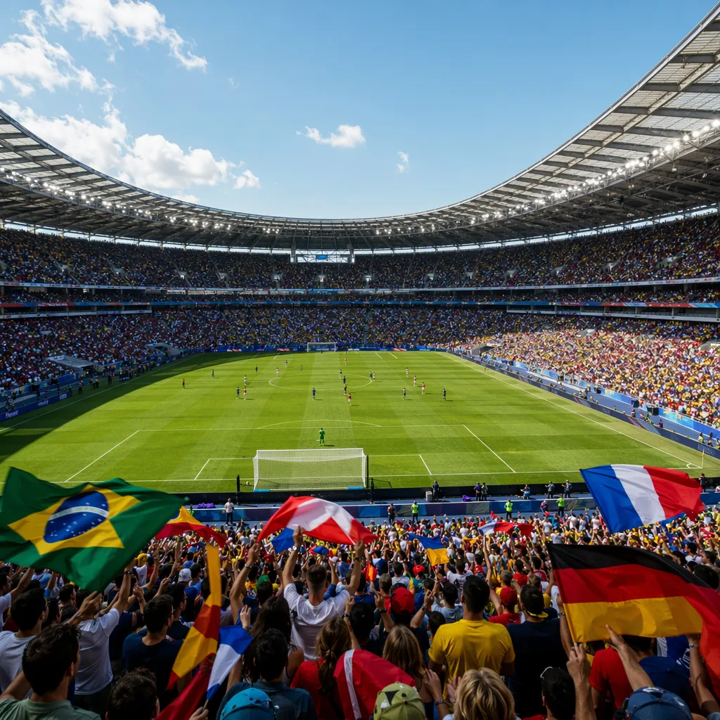 Wide shot of a modern football stadium during an international match, fans wavin