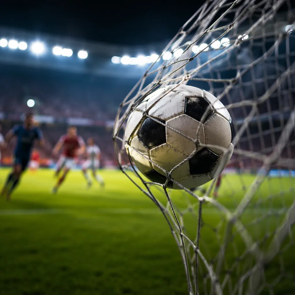 Dynamic action shot of a football hitting the back of the net, blurred players i