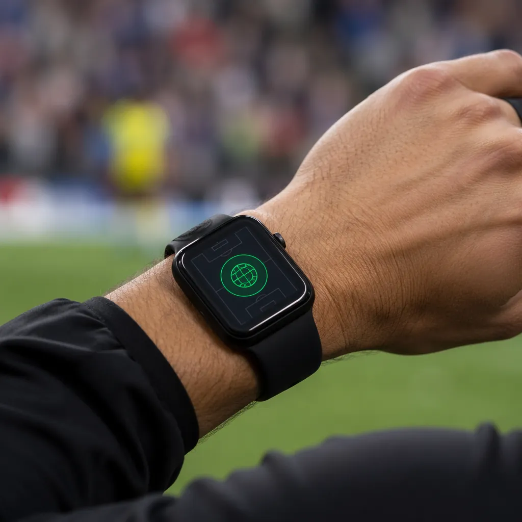Close-up of a referee's wrist wearing a smart watch for goal line technology ale