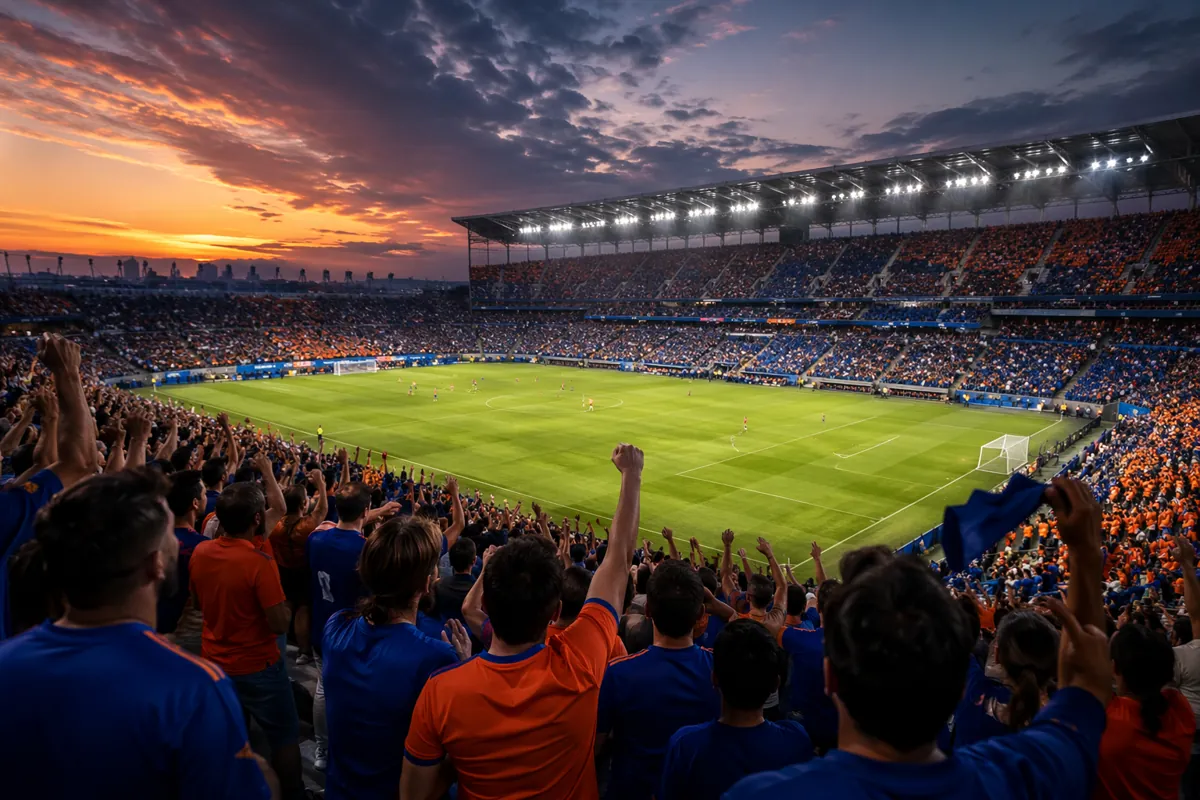 editorial sports news header photo, wide shot of a professional soccer stadium during dusk