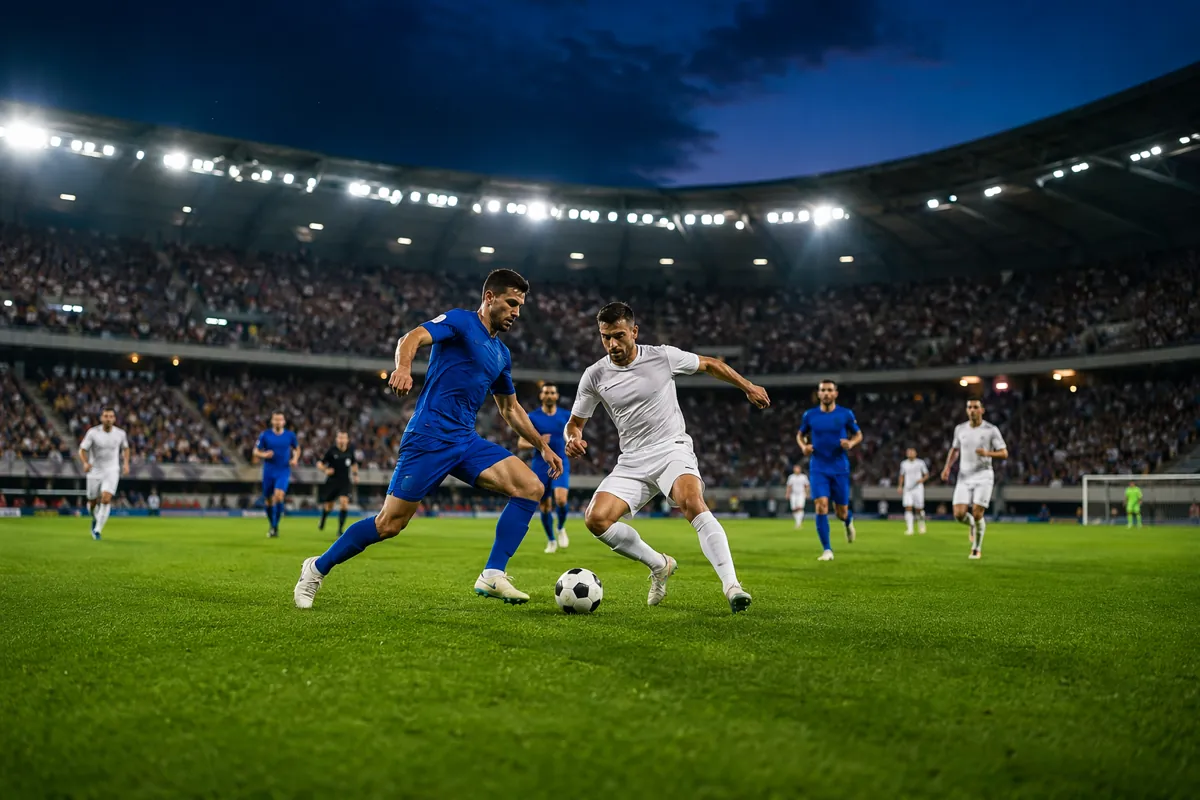 Wide shot of a professional soccer match at dusk, vibrant stadium lights illuminating the