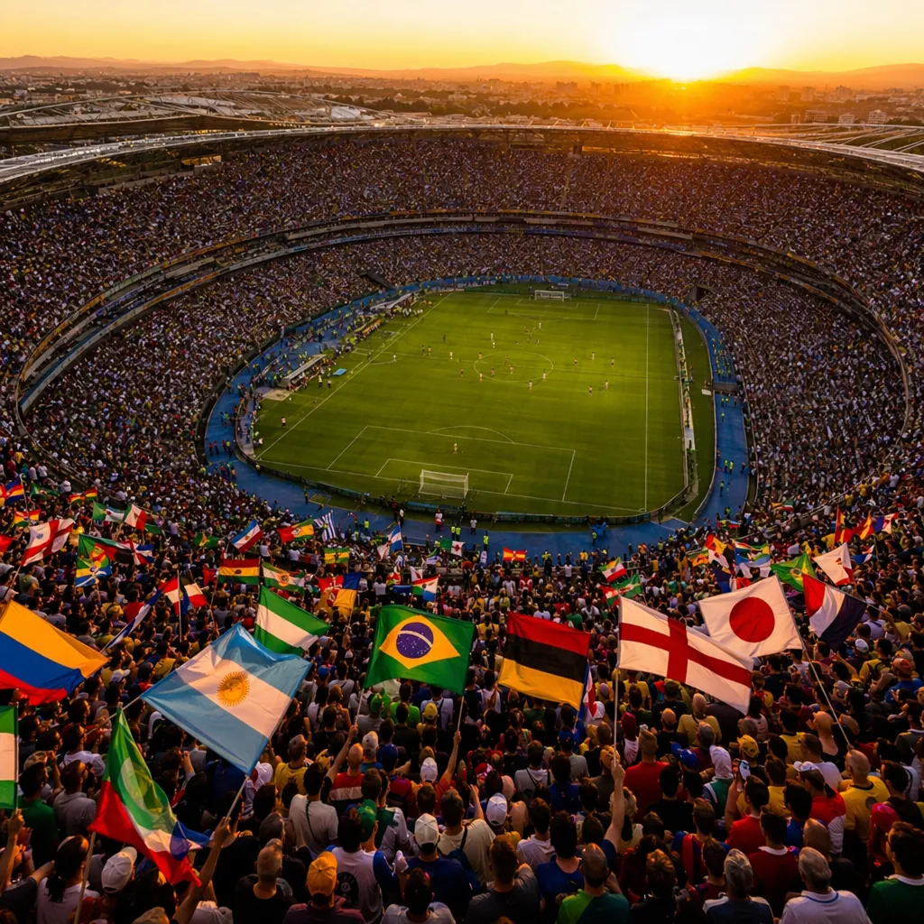 High angle shot of a packed international soccer stadium, fans waving flags of d