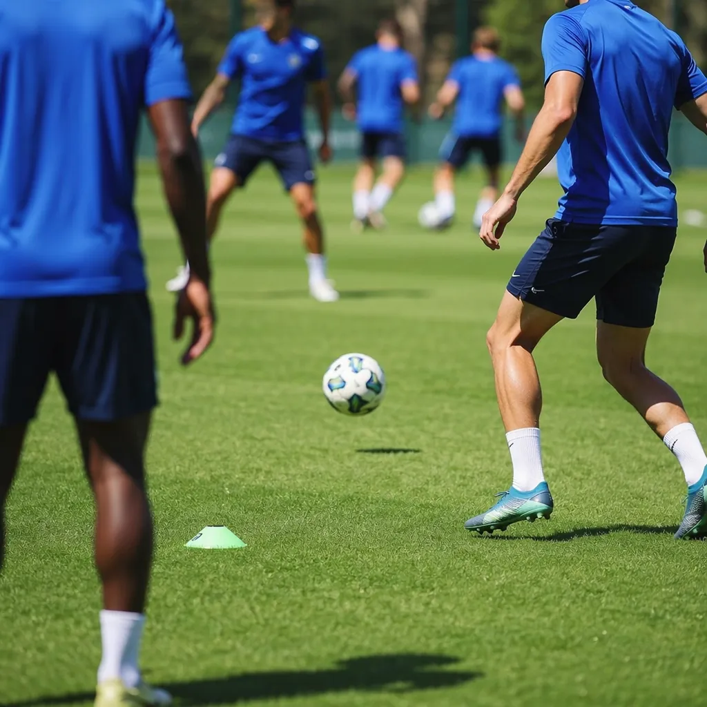 Group of unidentifiable football players in generic blue training jerseys doing