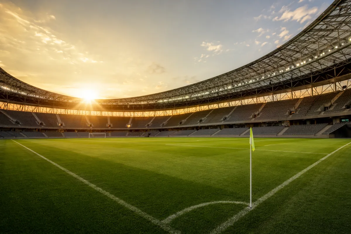 Wide shot of a professional soccer stadium at golden hour, with well-maintained green pitc