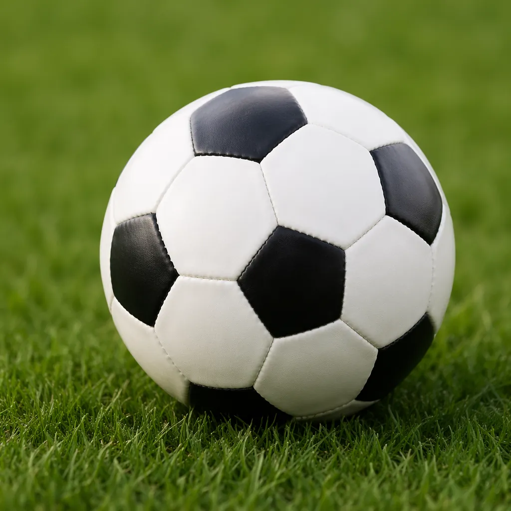 Close-up shot of a generic soccer ball resting on green grass pitch, soft natura