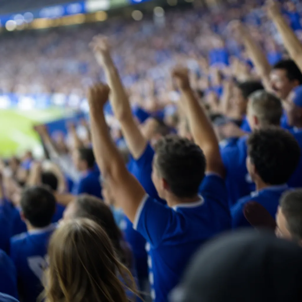 Blurred shot of generic soccer fans in blue jerseys cheering in stadium stands,