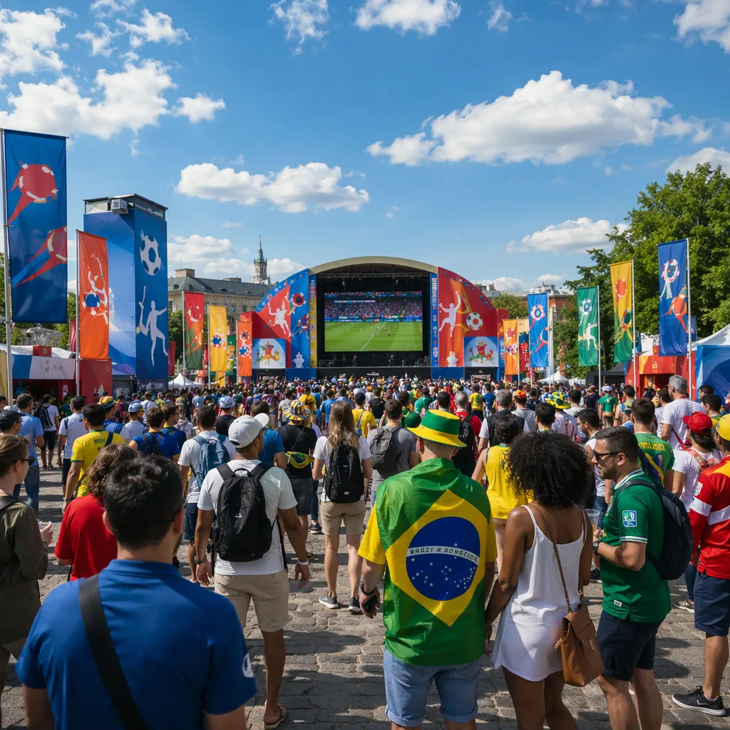Wide shot of World Cup fan festival area with colorful banners, diverse crowd ga