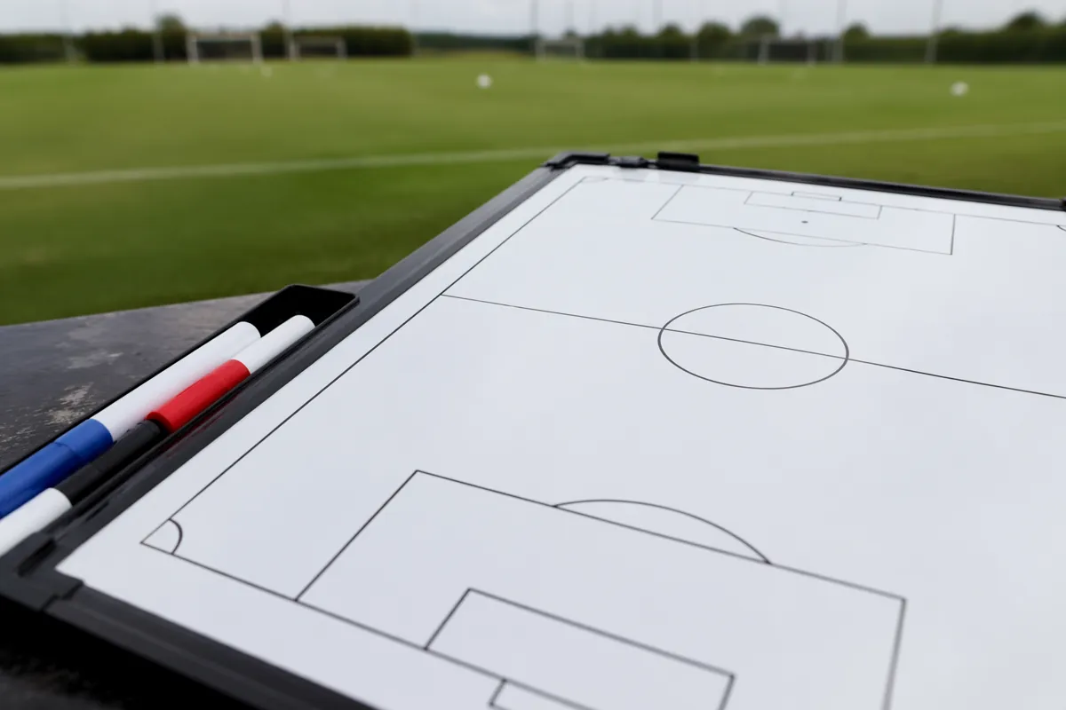 Close up shot of a blank football tactical board with marker pens on the sidelines of a tr