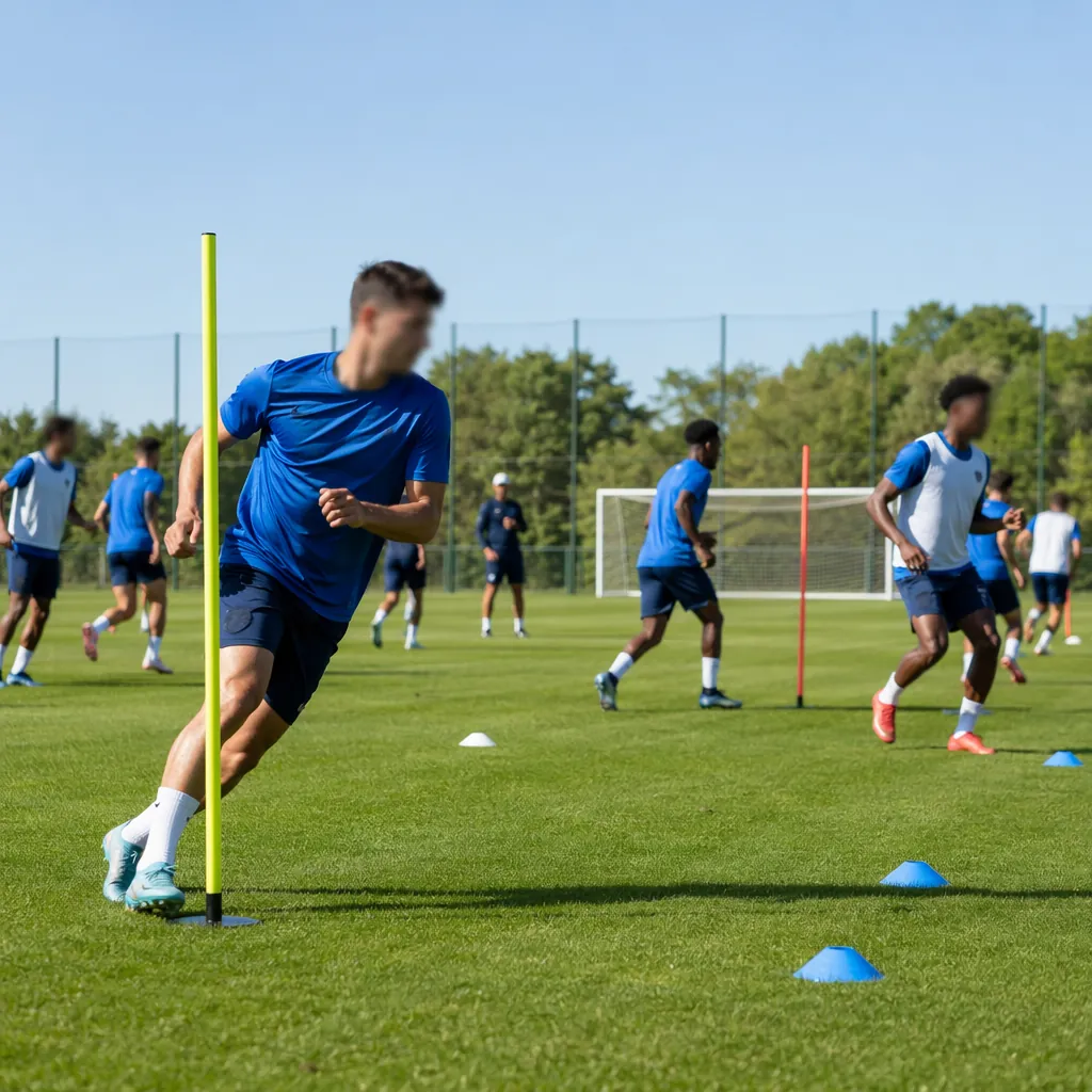 Wide shot of a professional football team training session on a sunny day, playe