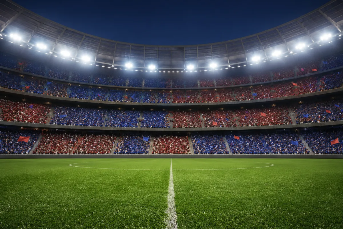 Professional football match pre-match atmosphere, empty World Cup style soccer stadium wit