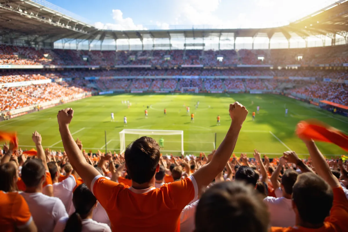 Professional sports news header image, wide shot of a modern football stadium during a sun