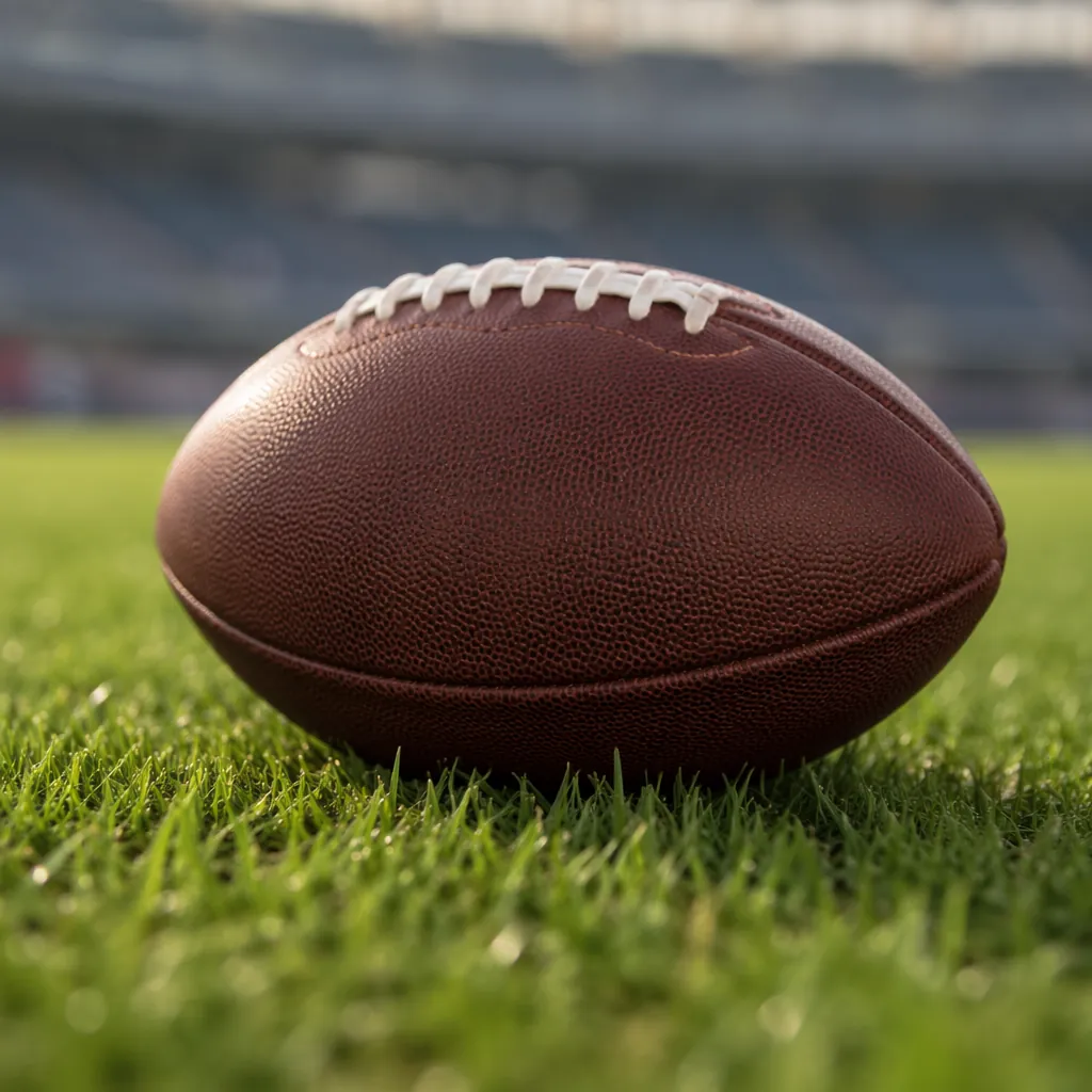 Close up shot of a generic football resting on the green grass of a football pit