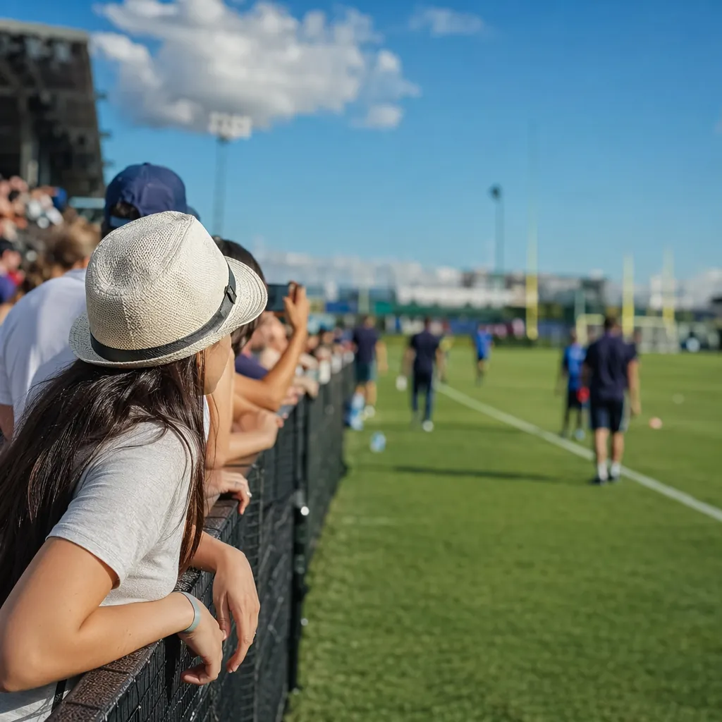 Football team training camp sidelines, family members waiting behind the fence,