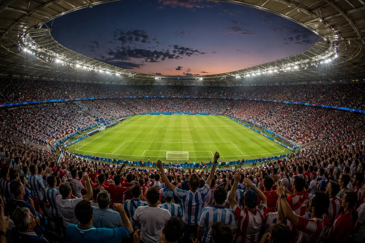 Wide shot of a packed FIFA World Cup football stadium at dusk, bright stadium lights illum