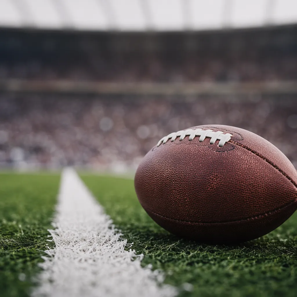 Close up shot of a football resting on the white centre line of a professional f