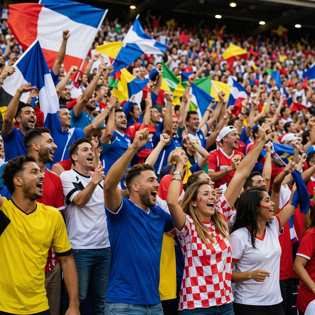 Wide shot of cheering football fans in stadium stands, waving colorful flags, we
