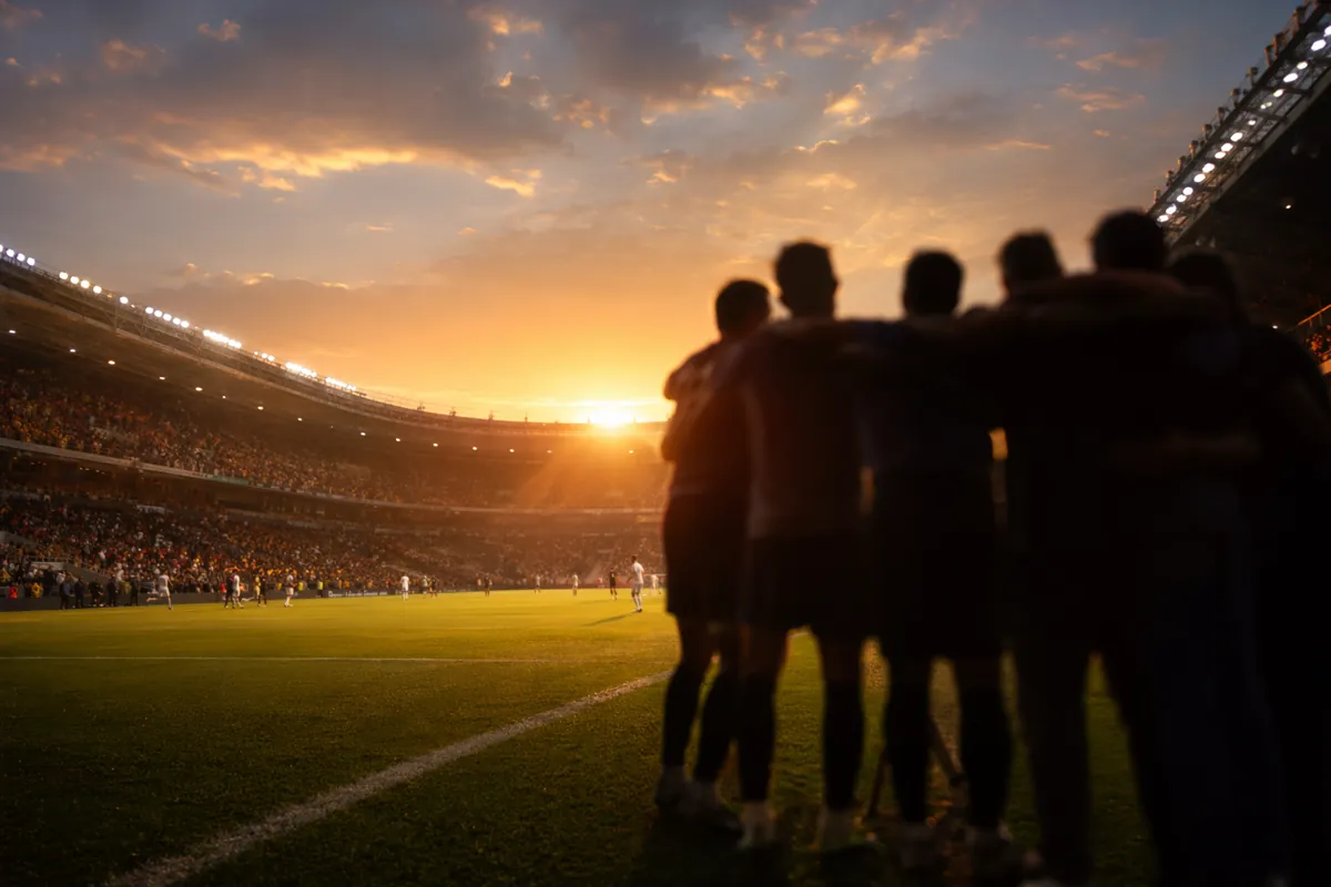 Wide shot of a modern football stadium at dusk, golden sunset light covering the pitch, bl