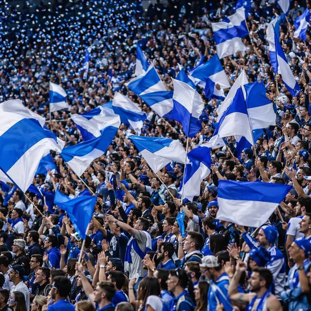 Wide shot of football fans waving blue and white national flags in the stands, v