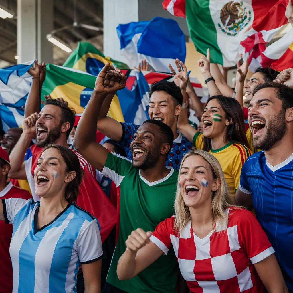 Vibrant shot of diverse football fans wearing various national team jerseys, che