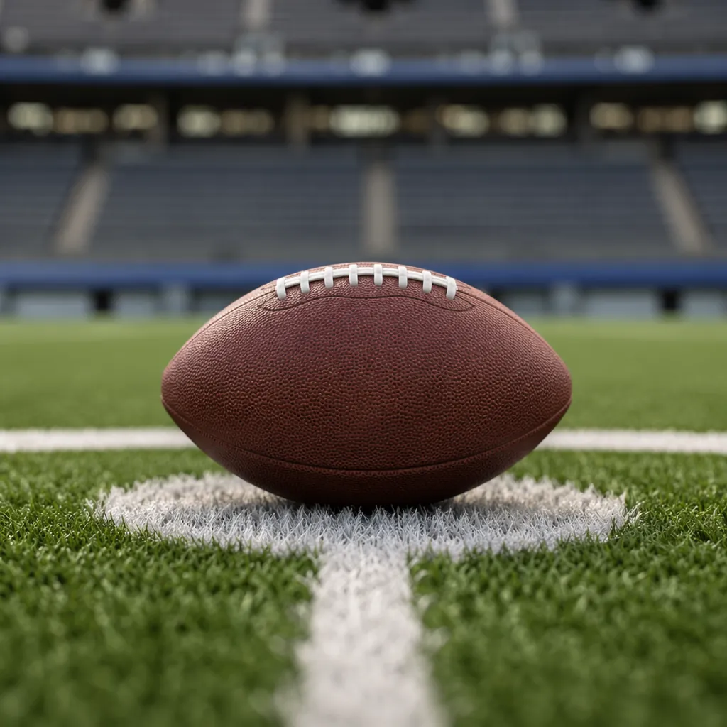 Close-up shot of a standard football resting on the center mark of a well-mainta