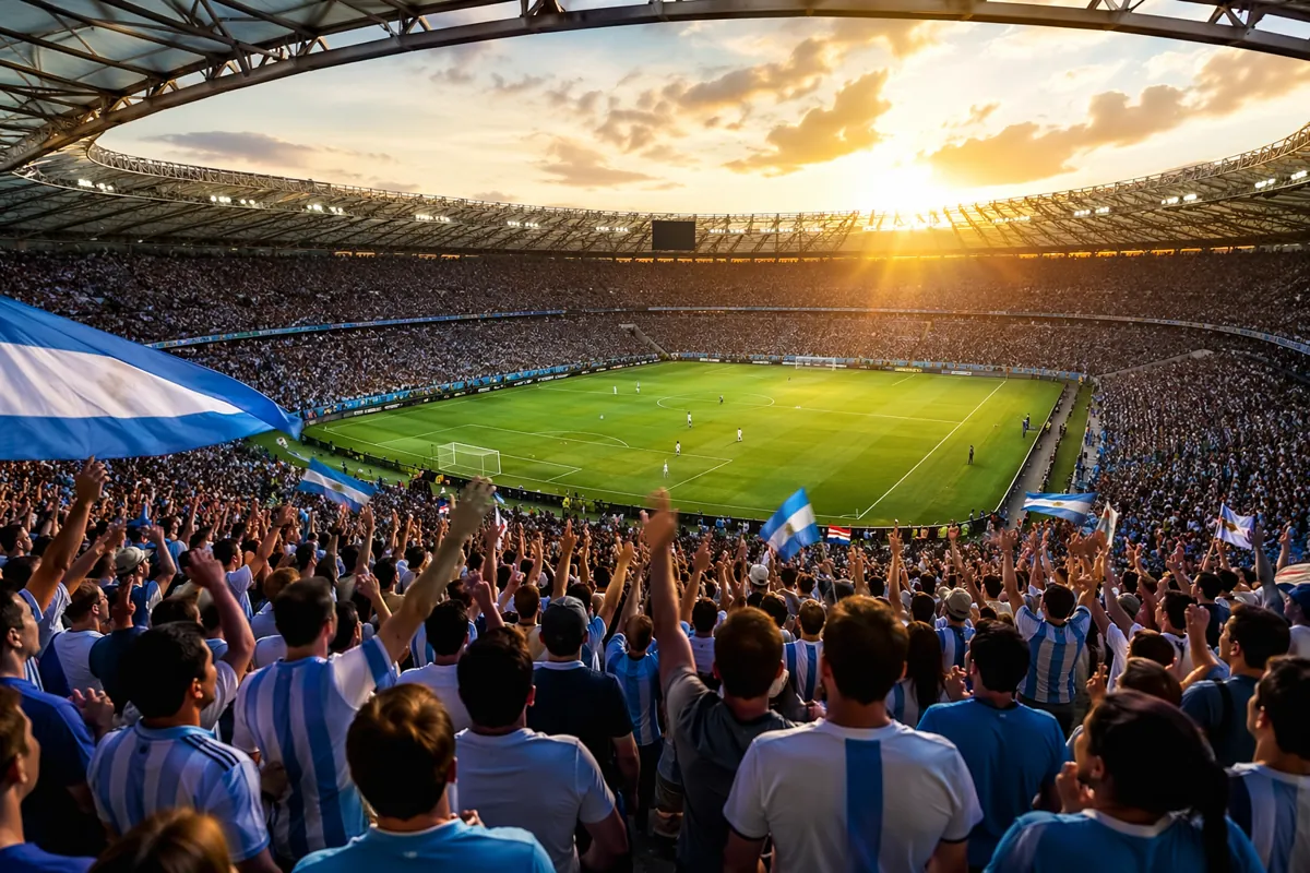 Wide shot of a packed football stadium during World Cup match, golden sunset light over th