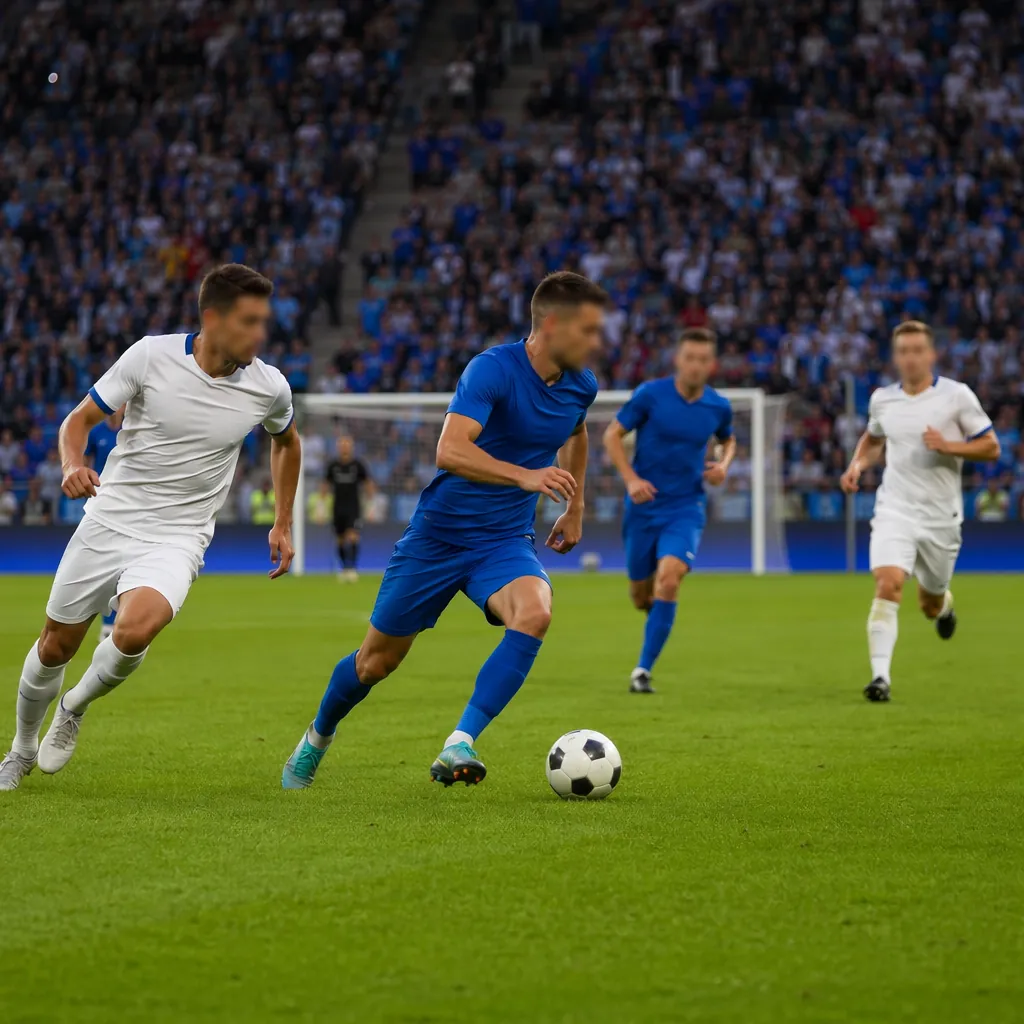 Wide shot of a football match action scene, players in generic blue and white ki