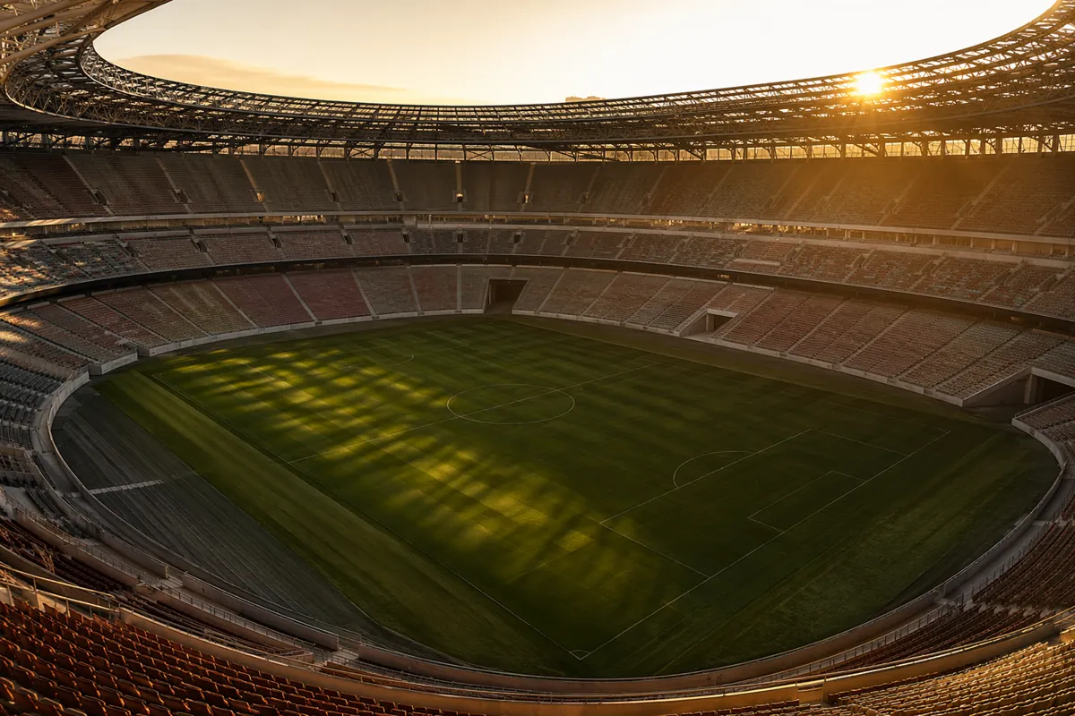 Professional football stadium at golden hour, empty green pitch, high-angle shot, soft war