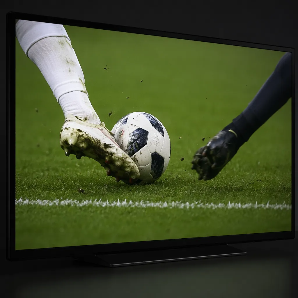 Close-up of a television screen showing a football match slow-motion replay, no