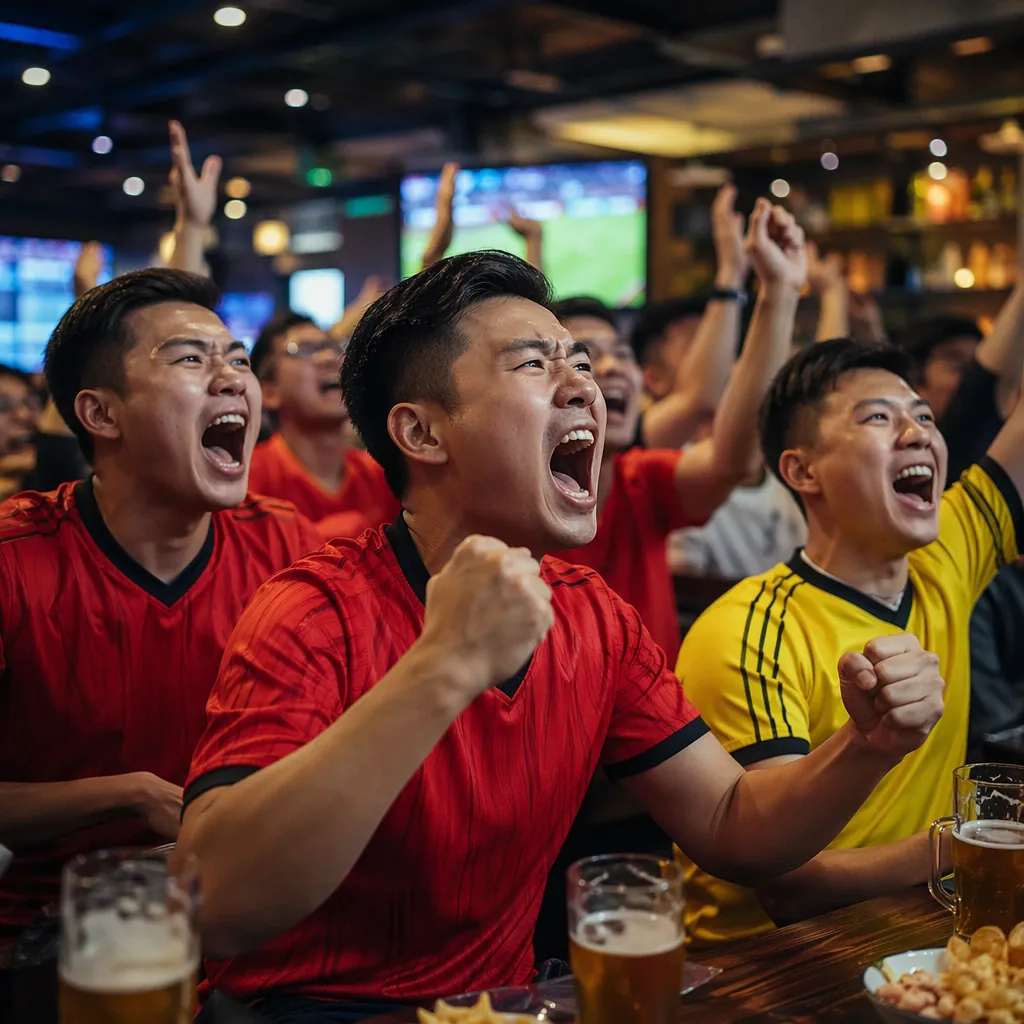 Group of Chinese football fans watching a match in a casual sports bar, wearing