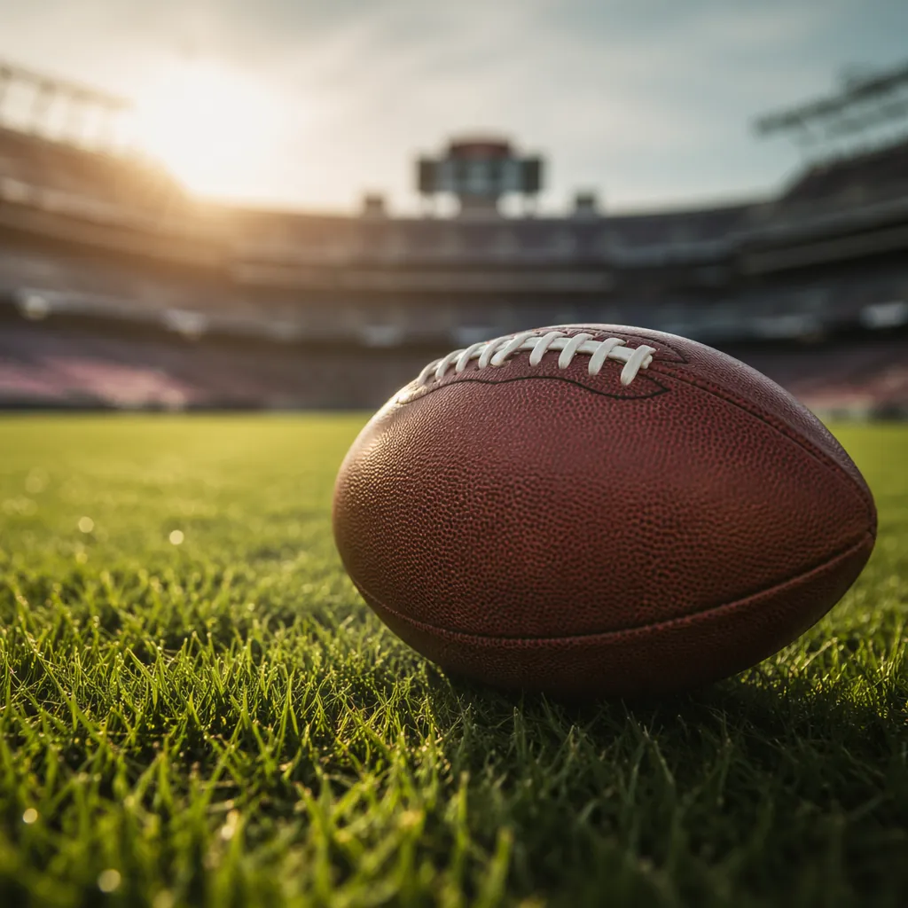 Close up of a standard football on green grass pitch, soft natural sunlight, dis