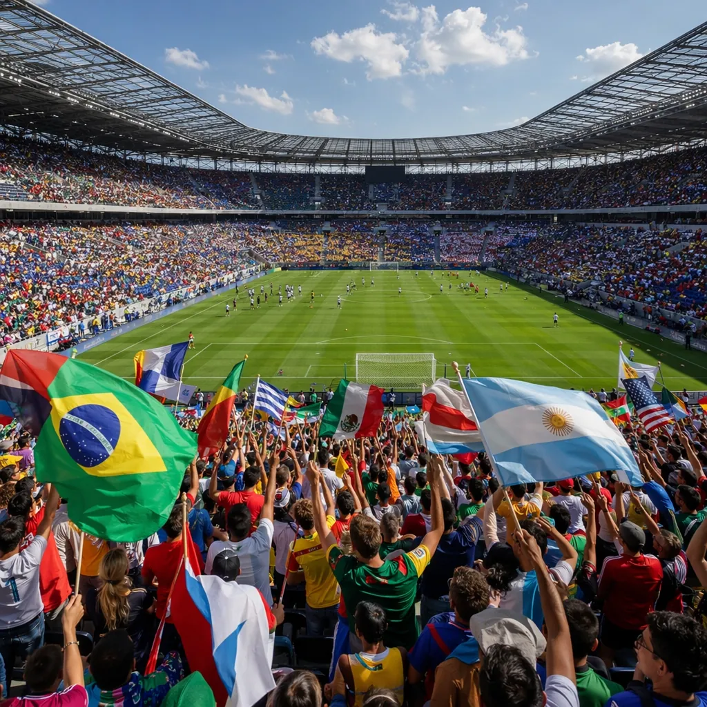 Wide shot of a world cup warm-up match in a modern north american stadium, fans