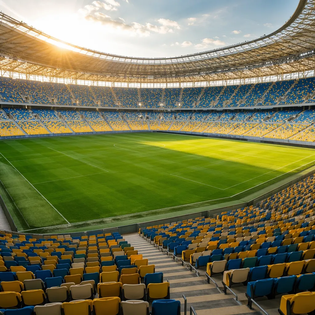 Empty football stadium with green pitch and colorful seats, sun light shining on