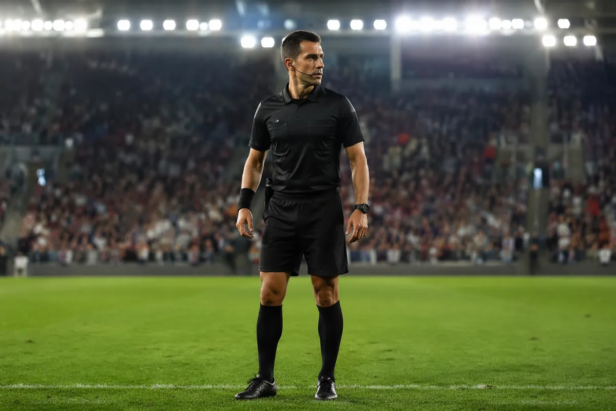 Professional football referee wearing black uniform standing in the middle of a green foot