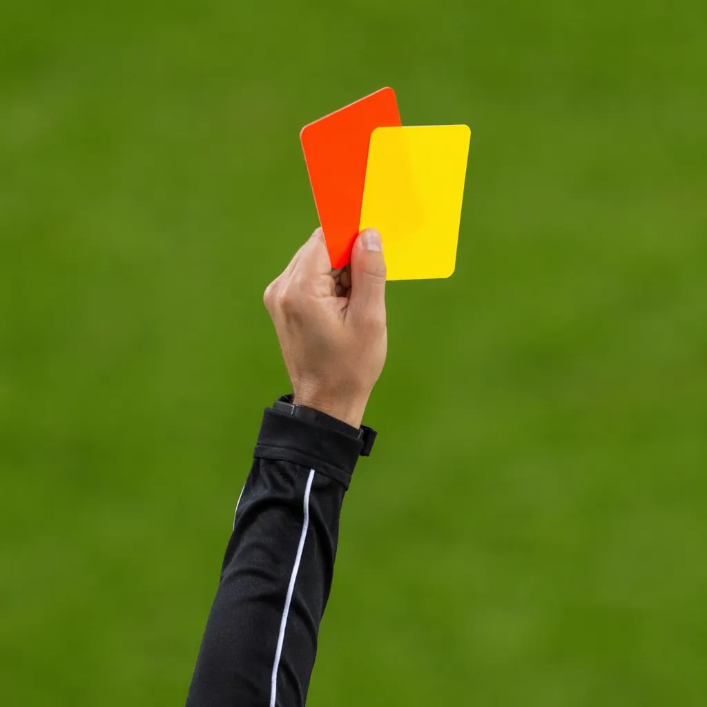 Close up of a referee's hand holding a yellow and red card on a football field,