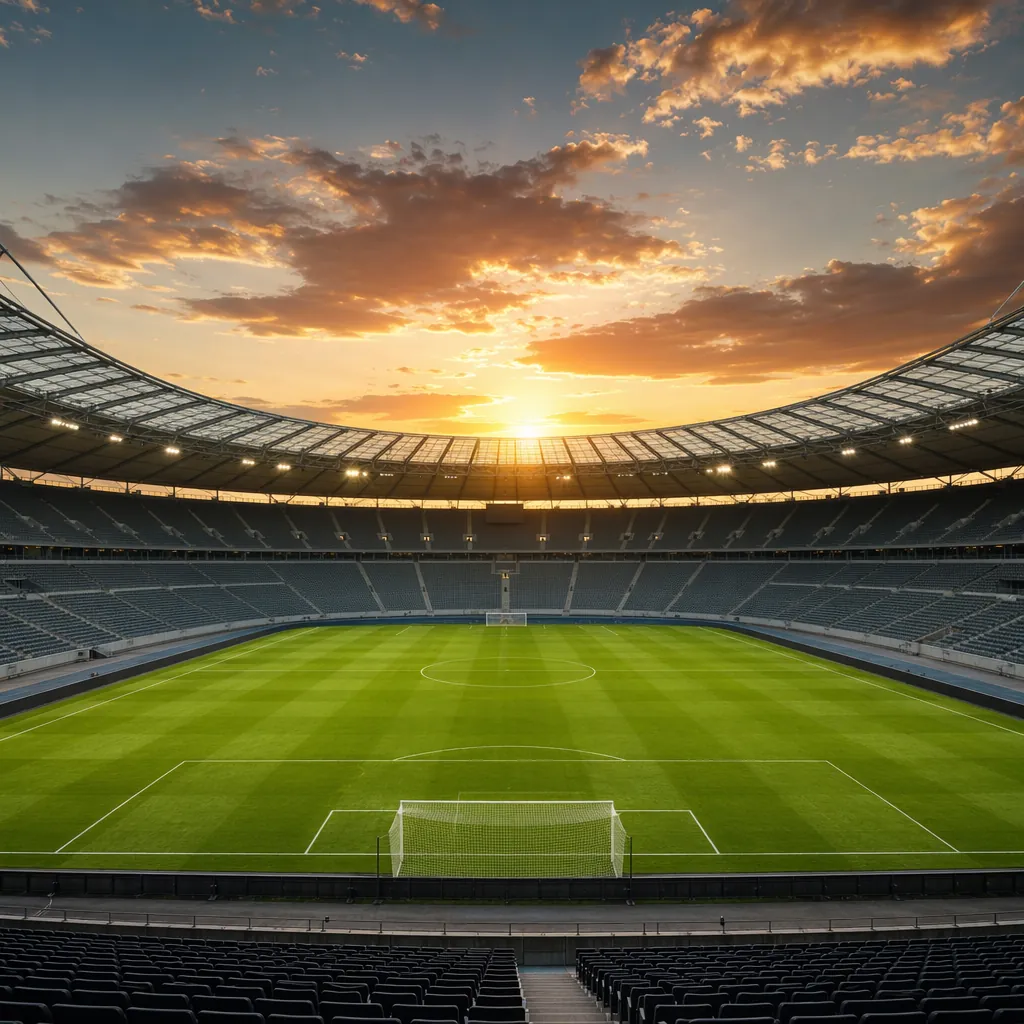 Wide shot of a modern football stadium during sunset, empty seats, lush green pi