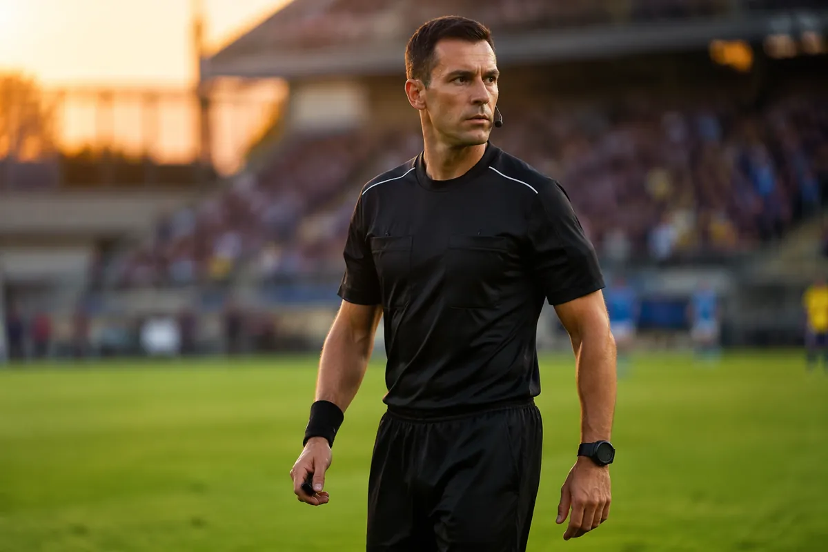 Professional football referee standing on green soccer field, warm sunset light, blurred s