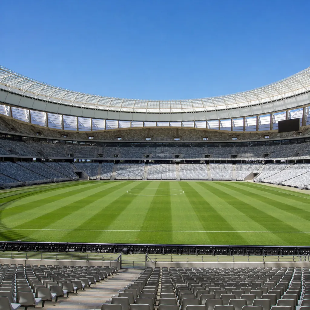 Wide shot of modern large football stadium with empty seats, clear blue sky, no