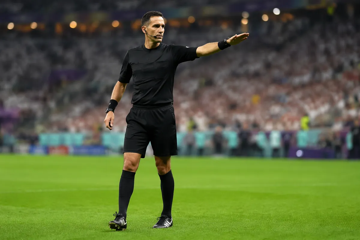 Professional football referee in black uniform standing on green world cup style football