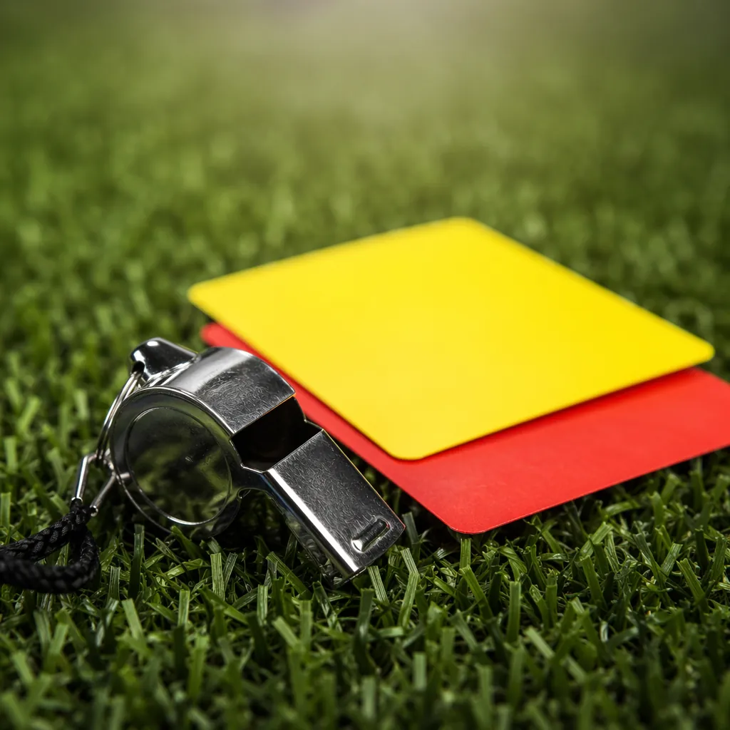Close up of referee's whistle and yellow red cards placed on green football turf