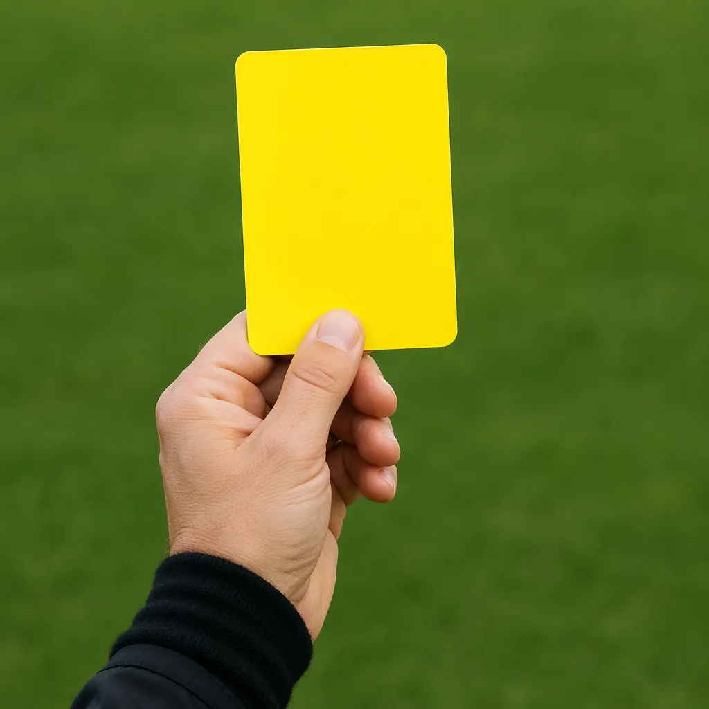 Close up of a yellow card held by a referee's hand, green grass background, no o