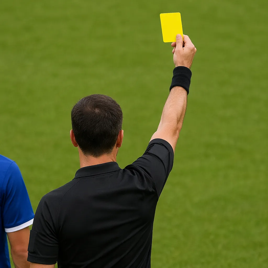 Soccer referee holding a yellow card during a match, green grass field backgroun