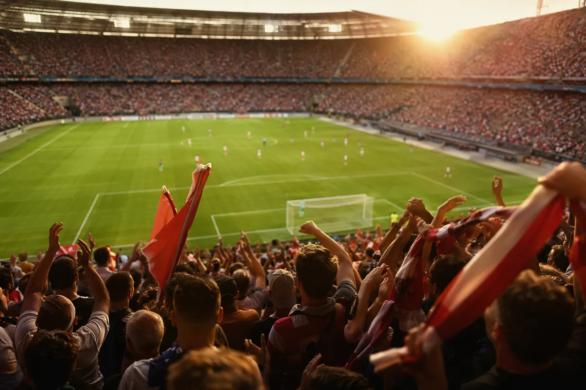Professional sports photography, wide shot of a packed football stadium during an internat