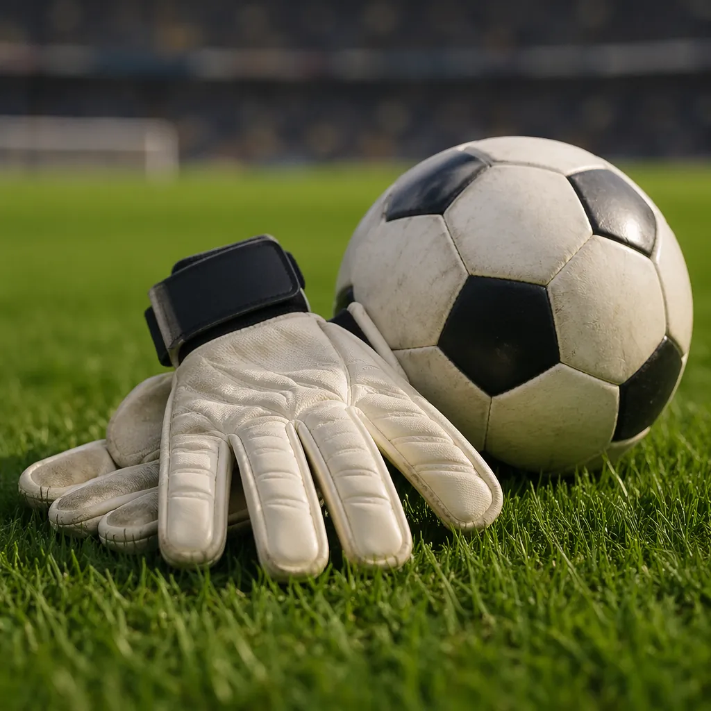Close up of a pair of goalkeeper gloves and a football on green grass, soft natu