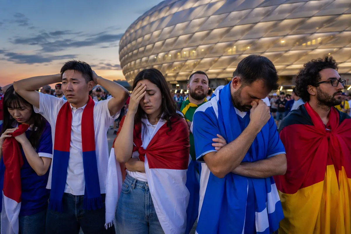 A diverse group of international football fans holding generic national flags and plain fo