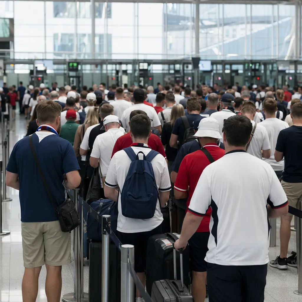 Wide shot of a crowded international airport departure area, with fans carrying