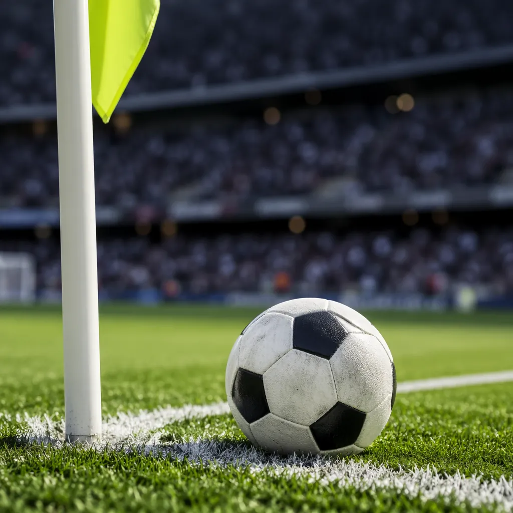 Close-up of a football resting on the grass near the corner flag of a profession