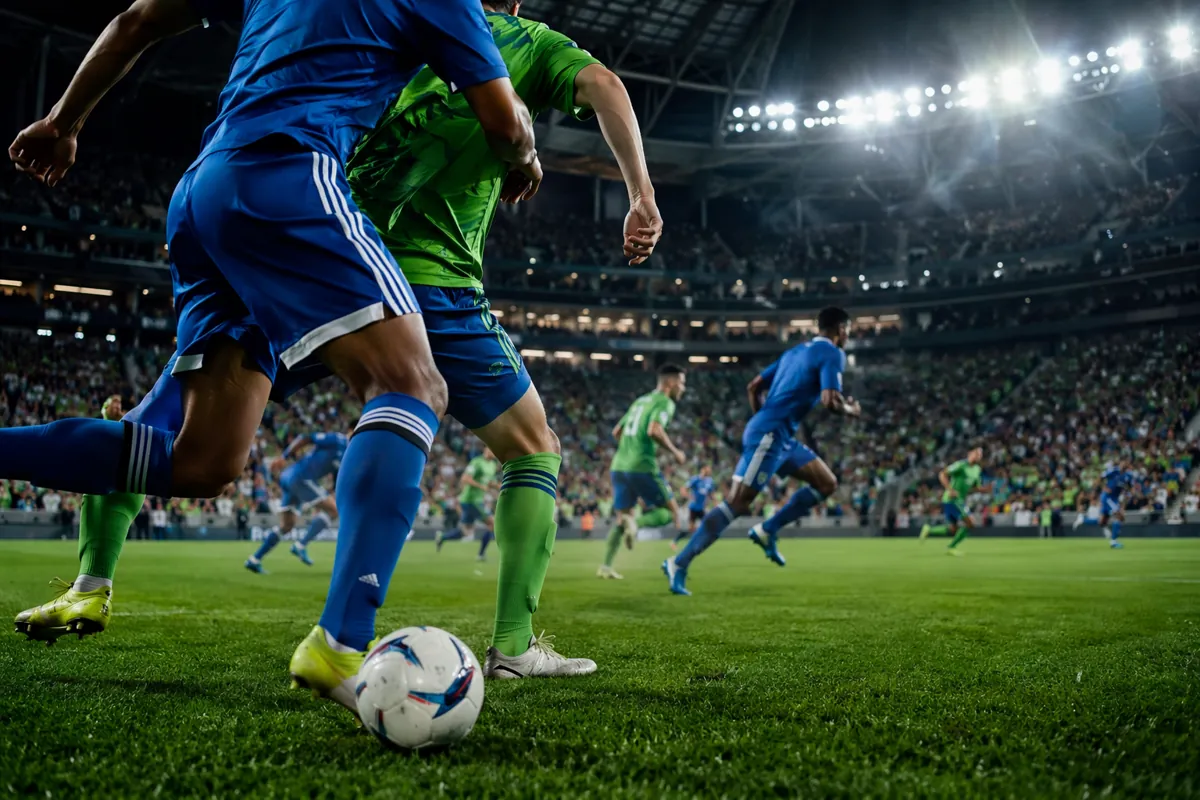 Editorial grade sports news header image, dynamic action shot of a professional soccer mat