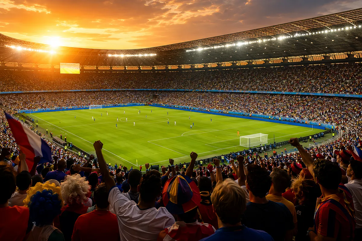 Golden hour wide shot of a packed World Cup football stadium, bright floodlights illuminat